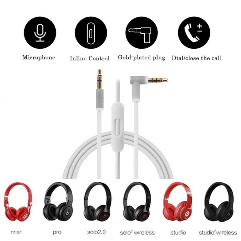 Replacement Audio Cable Cord Wire Compatible with Beats Headphones Studio Solo Pro Detox Wireless Mixr Executive Pill with in Line Mic and Control White Walmart