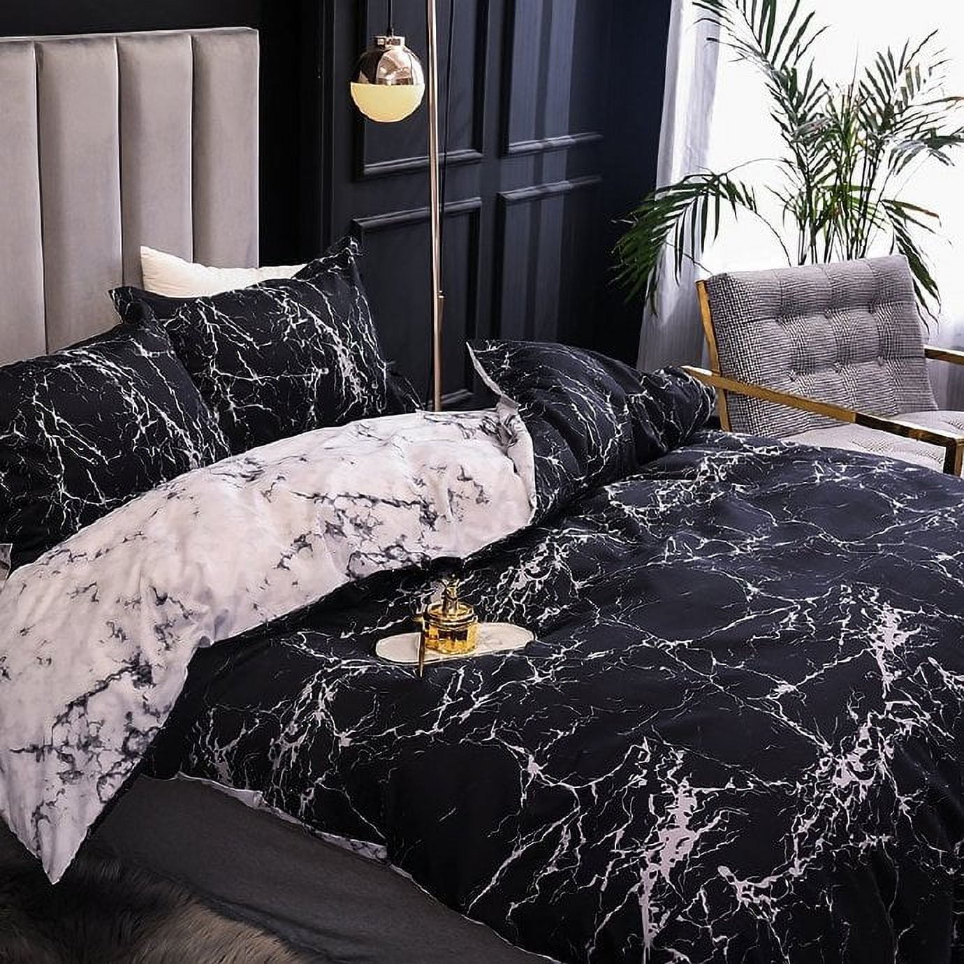 3 Pcs King Boho Duvet Cover, Black Marble Pattern Printed Bohemian Comforter Cover Bedding Set