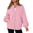 thumbnail image 3 of WTOBBY Women's Oversized V-Neck Zip-Front Jacket, Long Sleeve Solid Color Loose Fit Shacket, Casual Streetwear Open Style Coat, Lightweight Layering Piece for Women,Pink L, 3 of 6