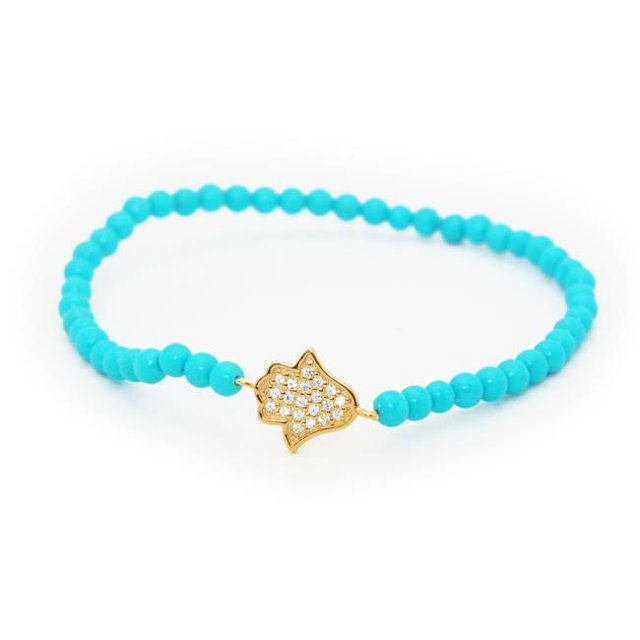 Bracelet à Main Élastique Turquoise Perles Scintillantes Hamsa en Vermeil