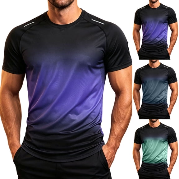 Ovzne Men's Big & Tall Gradient Crew Neck Short Sleeve T-Shirts Athletic Sports Tees Casual Stretchy Workout Tops Sizes XS-5XL