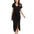 thumbnail image 1 of LUXUR Robes Femmes Col en V Été Plage Robe d'Été Manches Courtes Robe Midi Kaftan Couleur Unie Noir P, 1 of 4