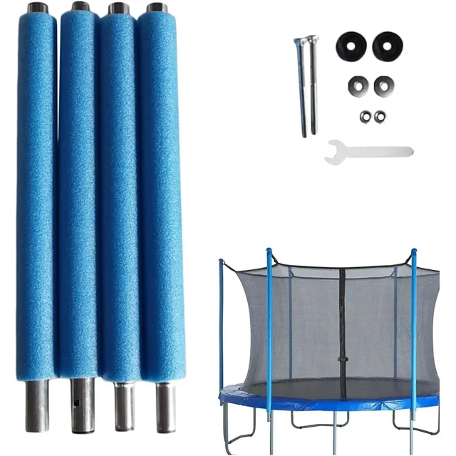 Filet et Poteau de Trampoline de Rechange 4 Pcs Bleu, Tubes d'Enceinte Droits en Acier Robustes avec Mousse de Protection