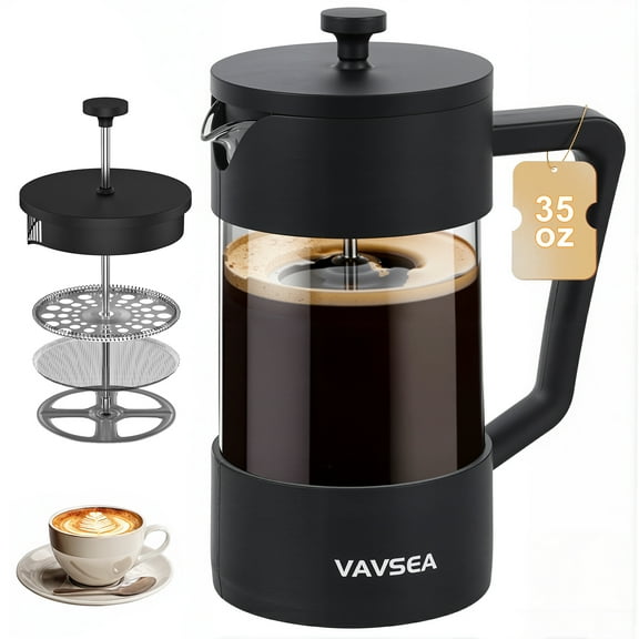 VAVSEA French Press Cafetière, Cafetière en Verre French en Borosilicate Épaissi à Haute Chaleur de 35 Oz avec Système de Filtration Fine, Va au Lave-Vaisselle, Cadeaux pour la Fête des Pères, Noir