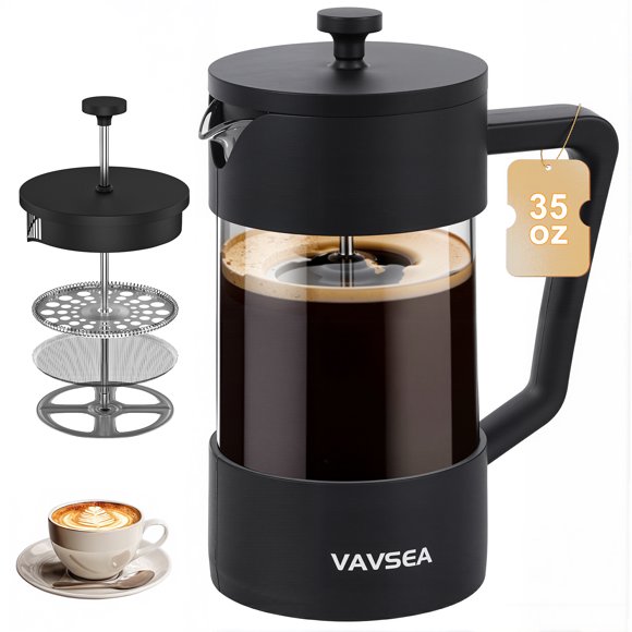 VAVSEA French Press Cafetière, Cafetière en Verre French en Borosilicate Épaissi à Haute Chaleur de 35 Oz avec Système de Filtration Fine, Va au Lave-Vaisselle, Cadeaux pour la Fête des Pères, Noir