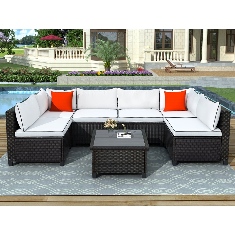 Lowestbest 7-Piece Wicker Patio Set, U-Shape Sectional Outdoor Furniture Set with Cushions and Accent Pillows Lowestbest 7-Piece Wicker Patio Set, U-Shape Sectional Outdoor Furniture Set with Cushions and Accent Pillows