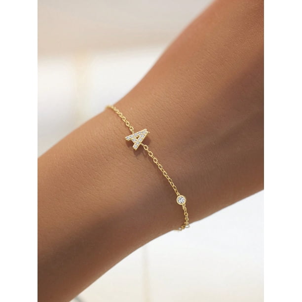 1pc 925 Sterling Silver Minimalist Cubic Zirconia Artificial 26 Letters A-z Bracelet