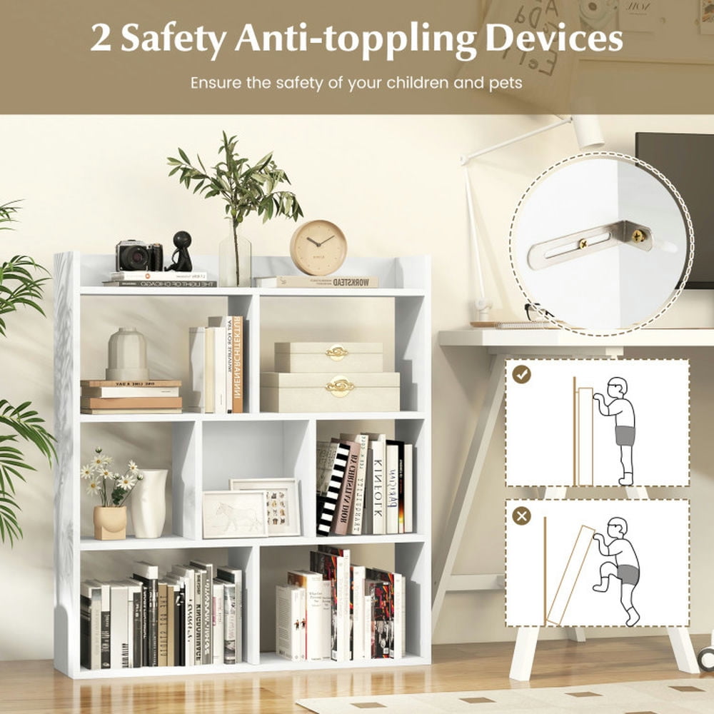 YYAo Bookcase Shelf, Bookshelf, Book Storage Rack, 7 Cubes Open-back Bookshelf with Anti-Toppling Devices-White