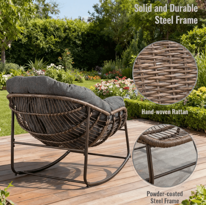 Indoor & Outdoor Comfy Rocker Chair with Thick Cushion, Oversized Rattan Egg Chair for Balcony, Wicker Papasan Rocker