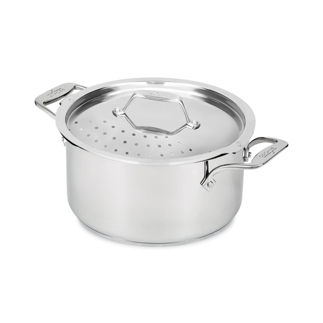 All-Clad Simply Strain - Multiolla de acero inoxidable con tapa de colación, 6 cuartos de galón, inducción, apto para asar de horno 600 F, colador, colador de pasta co