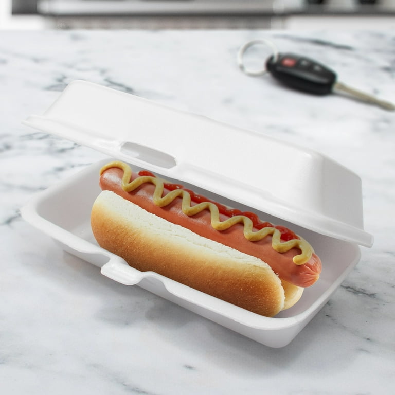 Foam Hinged Lid Container, Hot Dog Container, 3.8 x 7.1 x 2.3, White,125/Bag, 4 Bags/Carton Foam Hinged Lid Container, Hot Dog Container, 3.8 x 7.1 x 2.3, White,125/Bag, 4 Bags/Carton