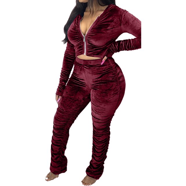 Honganda Slim Pleated Zipper Hooded Top and Pants Two-piece Suit