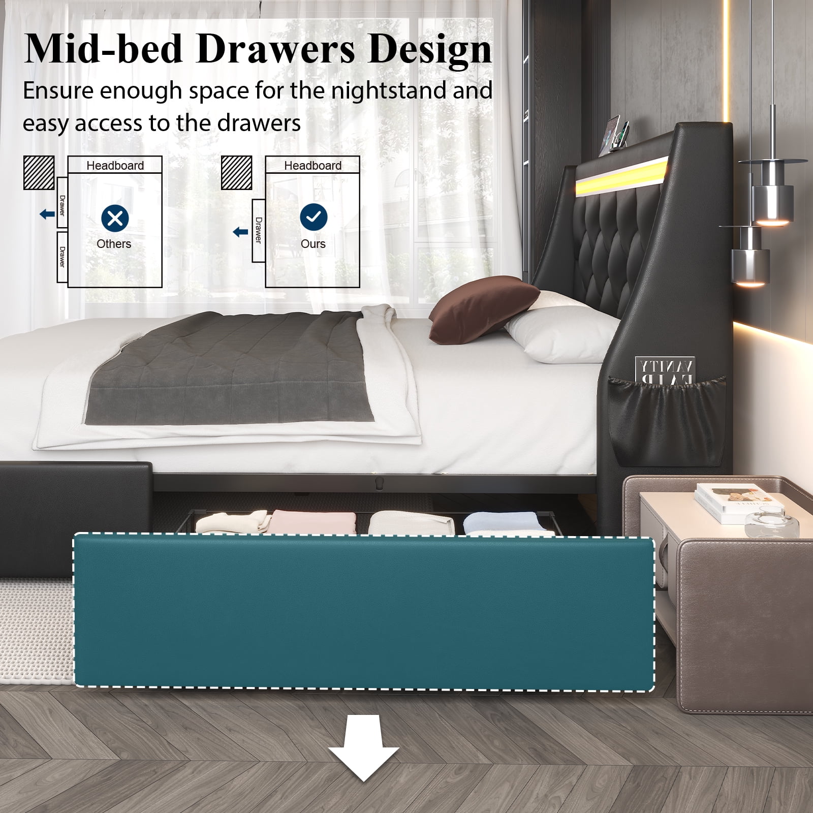 E-motie Queen Bed Frame with 2 Storage Drawers, Upholstered Headboard with LED Light & Charging Station, Diamond Tufted Style, Pu Leather, Black