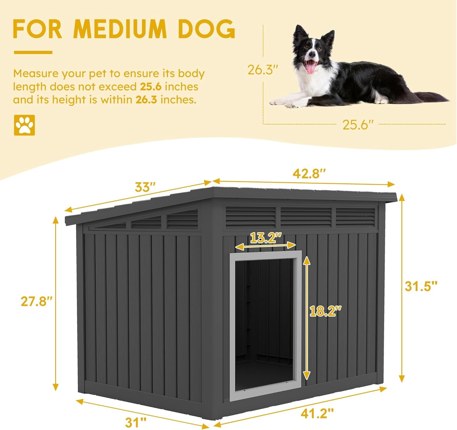 Large Dog House for Indoor & Outdoor - Weatherproof & Removable Roof, Fits Small to Large Dogs (42.8" L x 33" W x 31.5" H) - Black