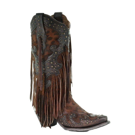 Corral Boots Womens Leopard Print Fringe Snip Toe Cowboy  Mid Calf Boots