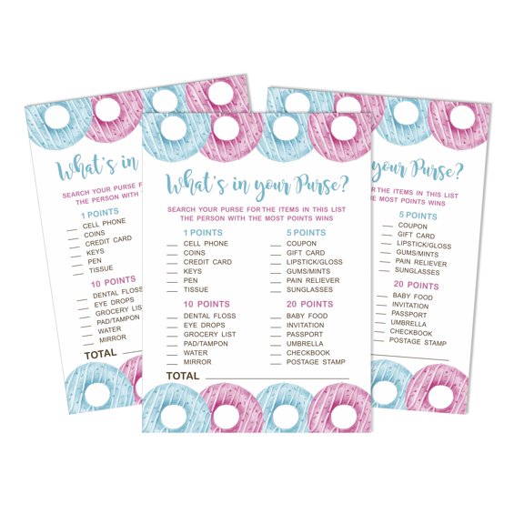 Inkdotpot 50What'sIn Your PurseBaby Shower GameCards He Or She Activity CardsPartyIdea Donuts Baby Shower Party Supply