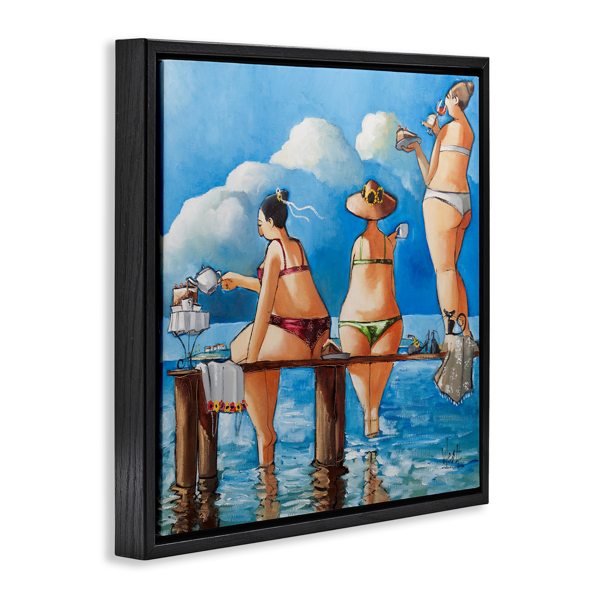 Stupell Industries Whimsical Summer Beach Ladies Nature Painting Black Floater Framed Canvas Art Print Wall Art, 18 x 18