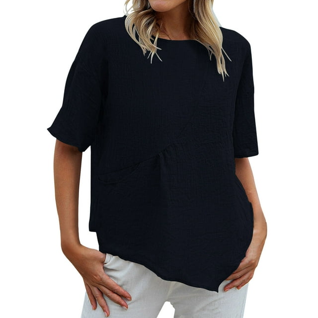 Hauts en Coton et Lin pour Femmes Col Rond Blouse d'Été Unie Grande Taille Ourlet Irrégulier T-Shirts Décontractés Confortables à Manches Courtes