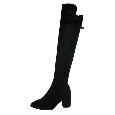 

nsendm Cute Boots with Heels for Women Ladies Fashion Suede Bow Side Zipper Pointed Toe Sociology Wide Calf Boots Shoes Black 8