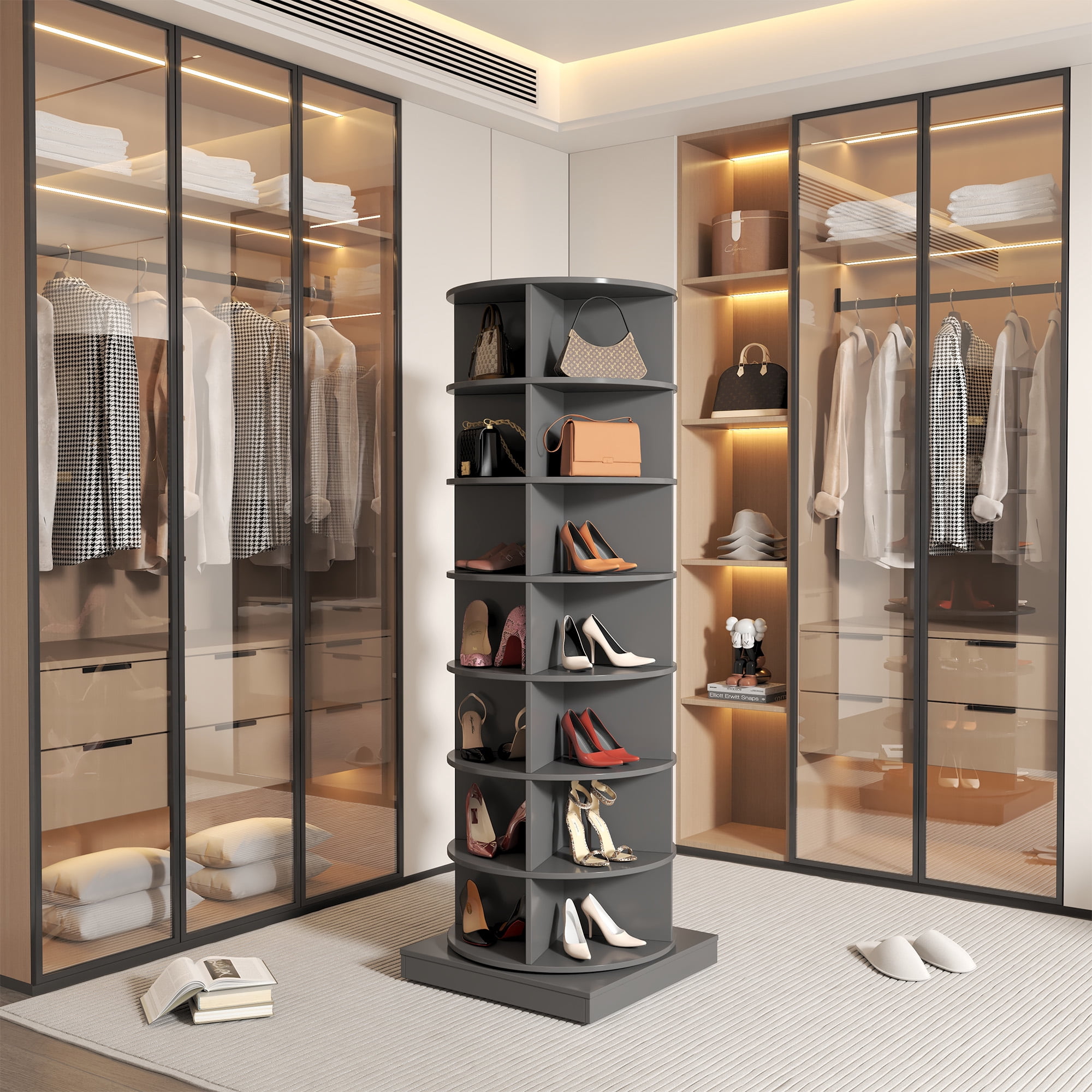 Aukfa 7-Tier Rotating Shoe Rack Tower, 360°Spinning Shoe Display Closet Organizer, Gray