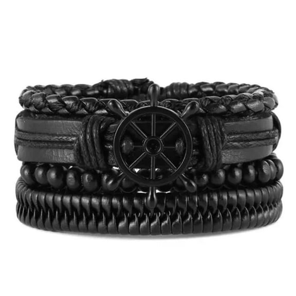 HOOUN 4Pcs/Set Retro Rudder Punk Braided Leather Wood Bead Bracelet Wrist Cuff Bangle -Black