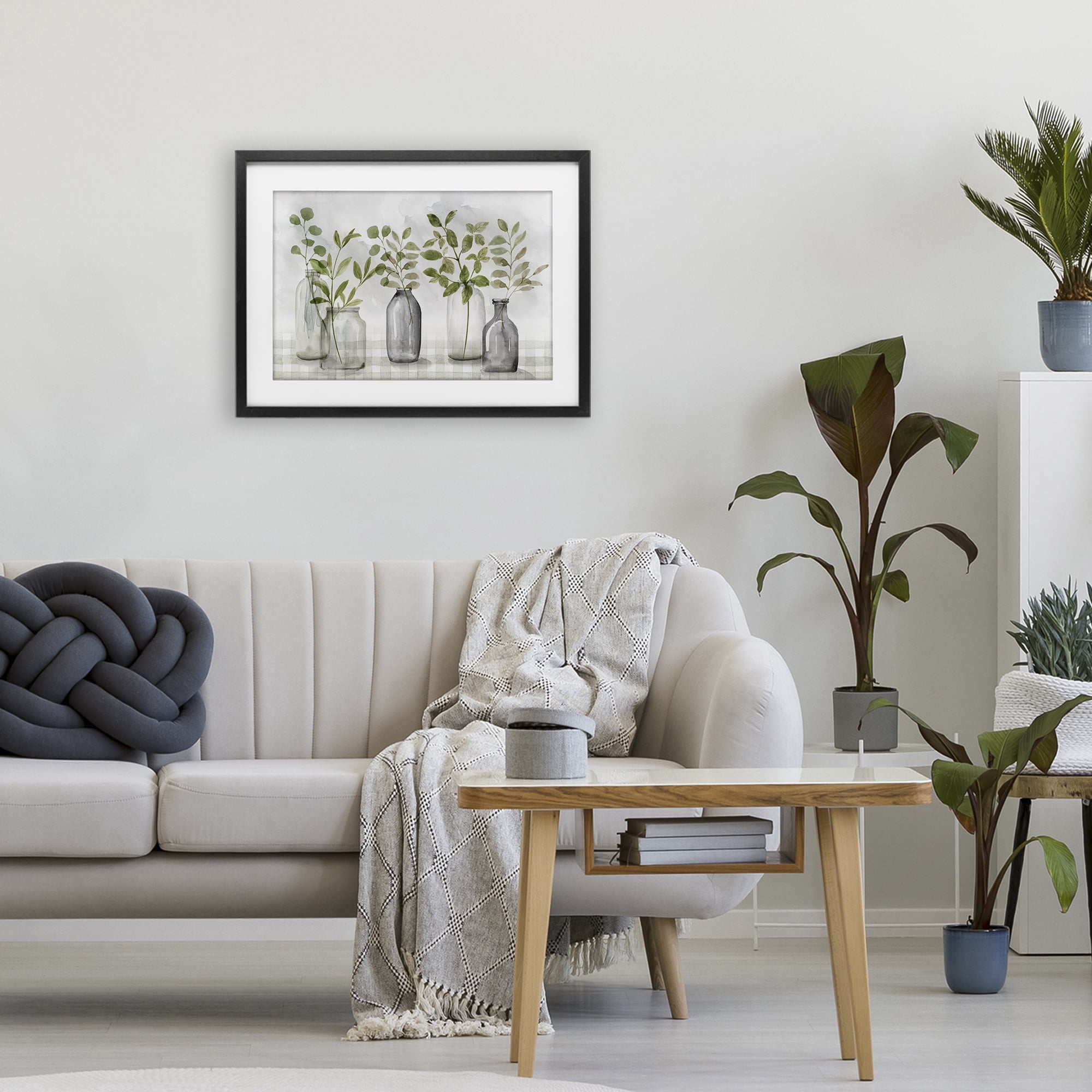 Stupell Industries Greenery Leaves in Vases Black Framed Print Under Glass, design by Nan