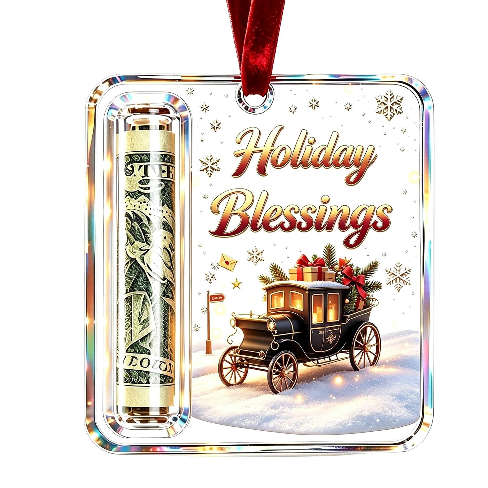 Holiday Blessings Money Holder Ornament Acrylic Cash Gift Card Holder With Keychain Loop For Holiday Wallet Decor(Clear-10Cm)
