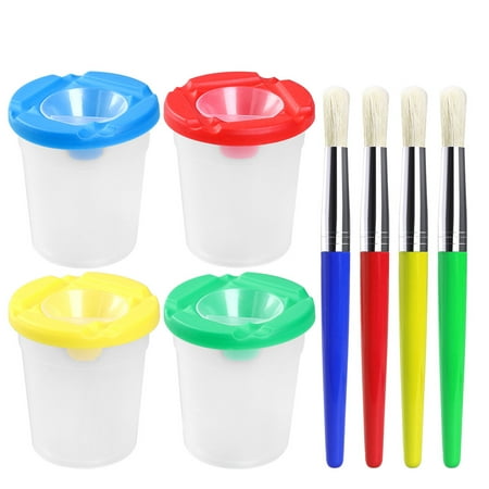 

ULTNICE 4 Pcs Spill Proof Paint Cups and 4 Pcs Assorted Colored Brushes Set