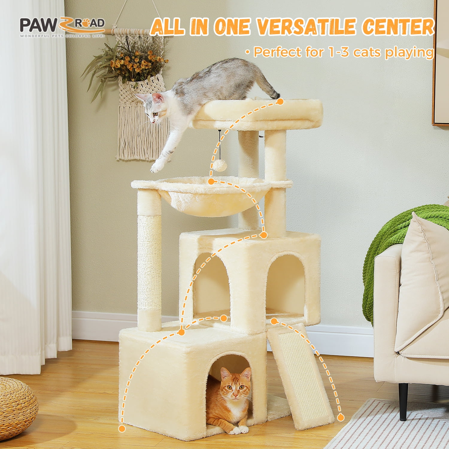 Pefilos 41" Multi-Level Cat Tree Tower with 2 Condos for Indoor Cats, Cat House with Hammock, Padded Perch, Scratching Pad, Beige