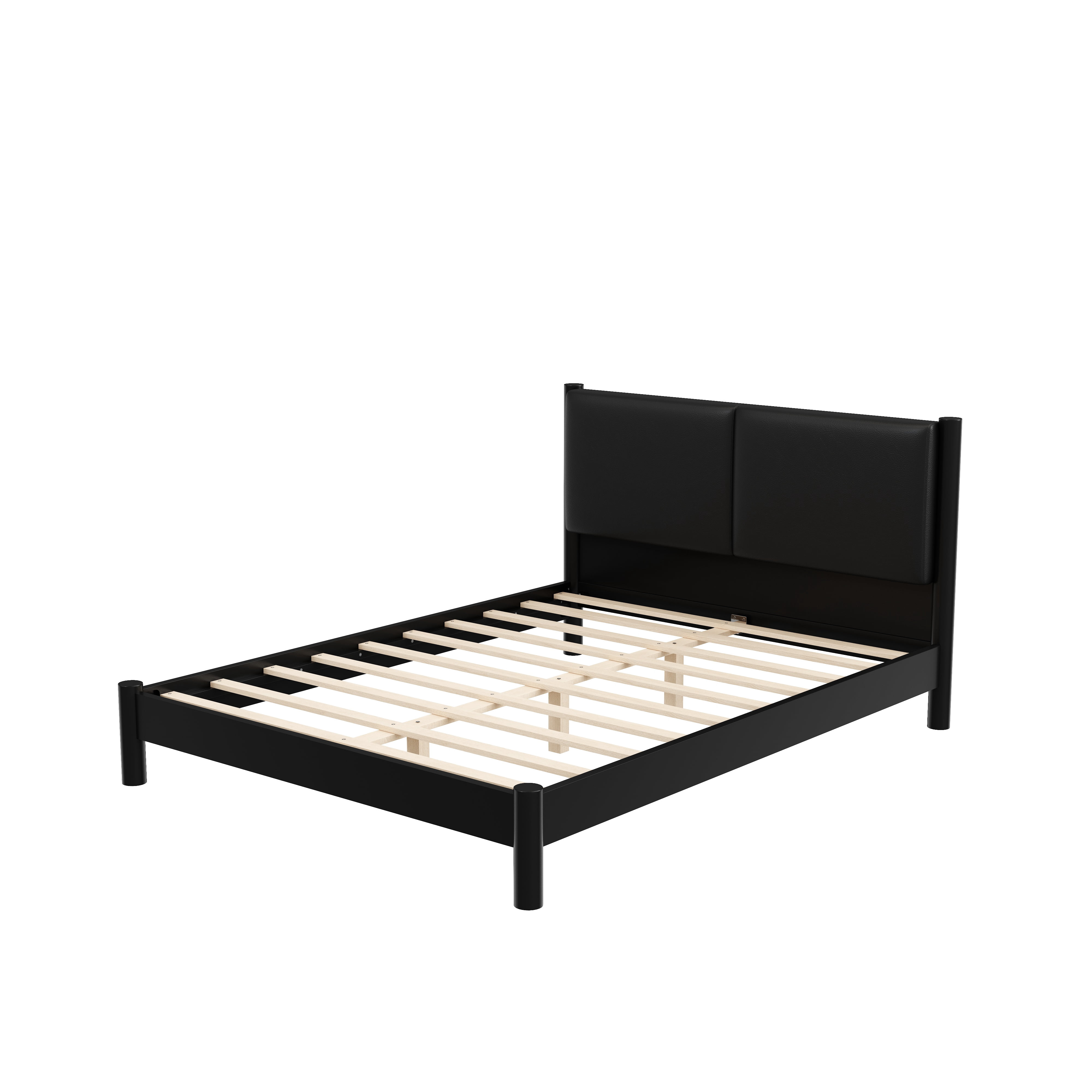 Euroco Wood Queen Size Platform Bed with PU Leather Headboard, No Box Spring Needed, Black