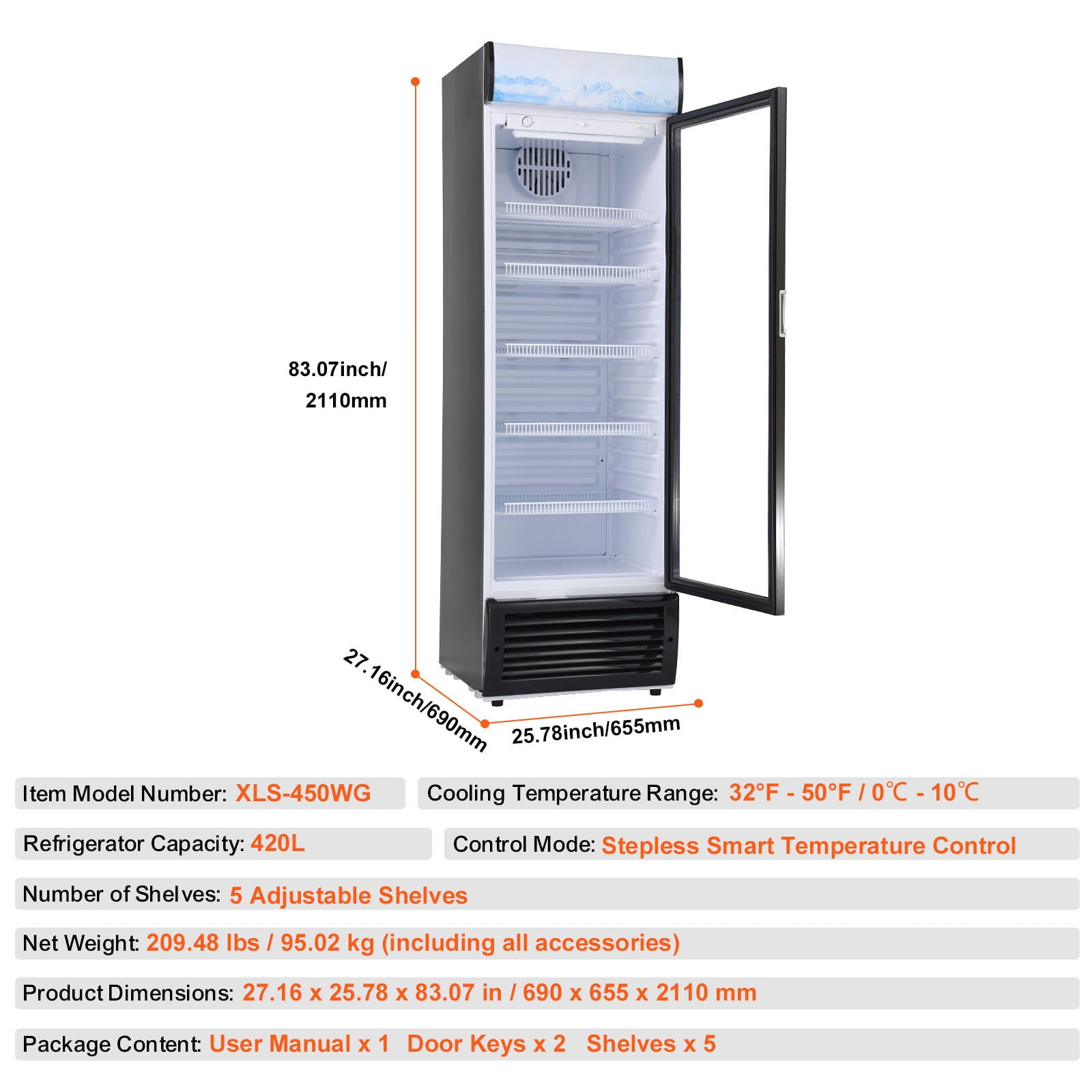 KFFKFF Commercial Display Fridge, 14.8 Cu.Ft / 420L, Beverage Cooler with Glass Door, Upright Refrigeration Unit with 5 Adjustable Shelves, Includes Customizable Lightbox