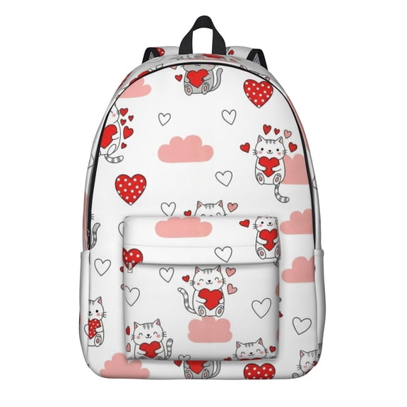 Cat and Heart White Pattern Backpack for School, Cute School Bag with Adjustable Shoulder Straps and Padded Back, 15.7"x11.8"x5.5"