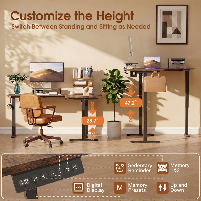 Homall L-Shaped Electric Standing Desk with Monitor Stand, 63 x 48 inch Height Adjustable Sit Stand Corner Desk, Computer Workstation for Home Office, Vintage