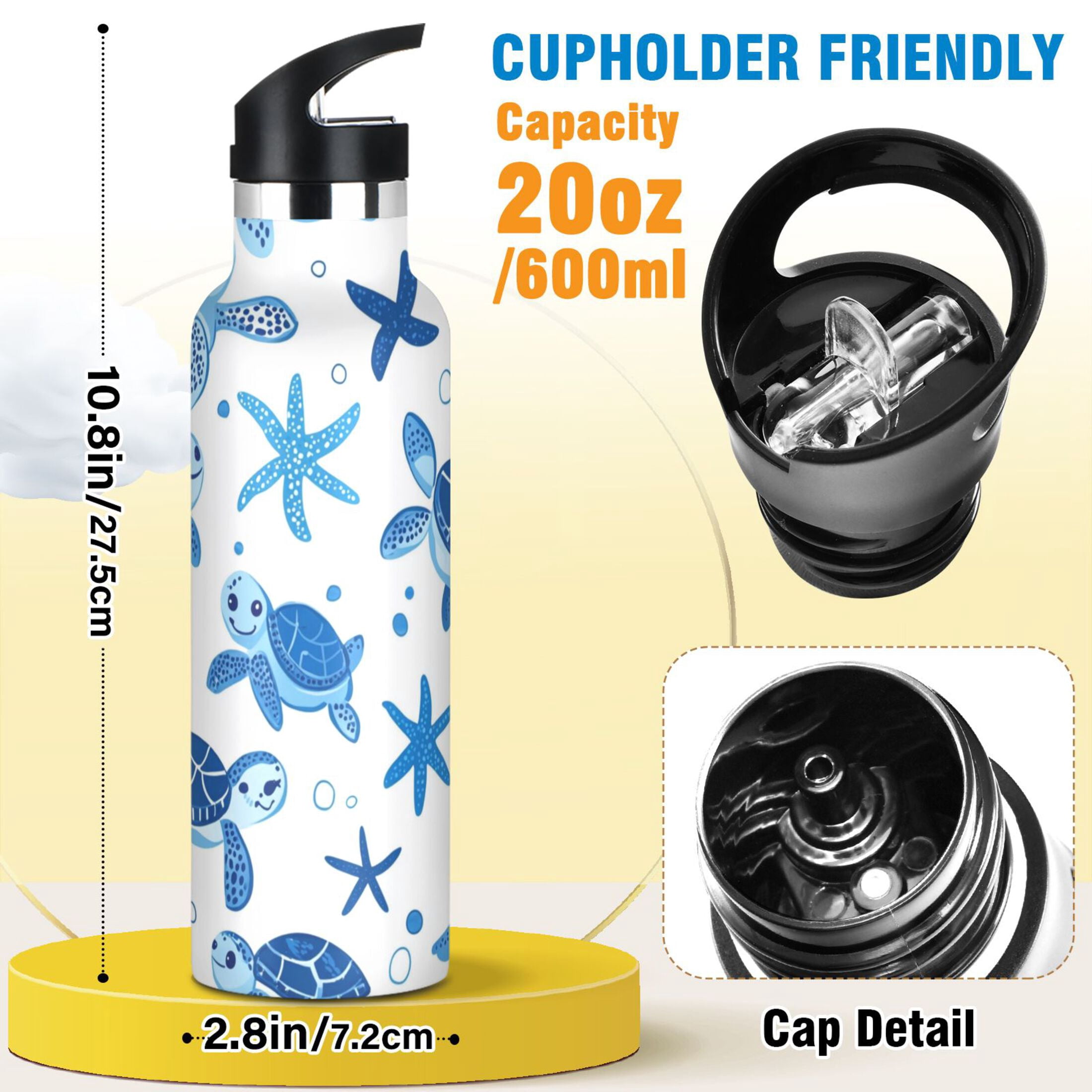 Kids Insulated Stainless Steel Sports Water Bottle 600ml (20oz) Cute Turtles and Starfish