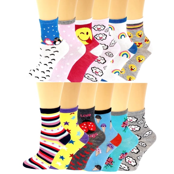 12 Pairs Pack Kids Girls Colorful Creative Fun Novelty Design Crew Socks