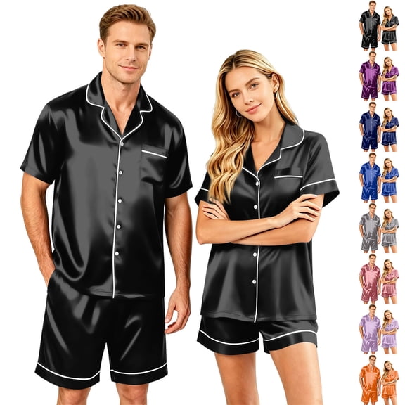 (Mens) Lightweight Summer Couple Satin Silk Button Down Short Sleeve Top Casual Shorts Matching His Hers Outfit Light Purple M