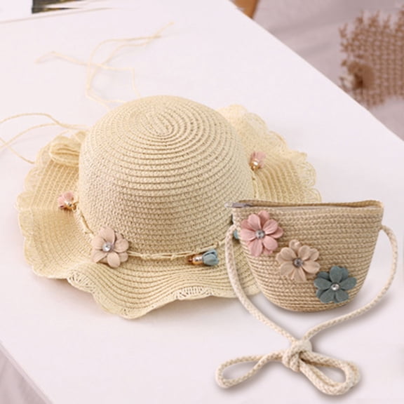 Wuxian Baby Girls Straw Hats Solid Color Flower Pattern Wide Brim Summer Breathable Fashionable Lightweight Foldable Party Vacation Beach Sun Hat Holiday Upf 50 Western Cowgirl Cap,Beige,One Size