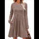 thumbnail image 2 of Vestido de Larga para Mujer, Cuello Redondo, Cintura Alta, Túnica con Bolsillos Caqui M, 2 of 6