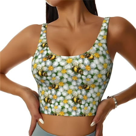 Jgfou Bees and Flower Print Womens Sports Bra - Padded Workout Sports Bras Crop Tank Top