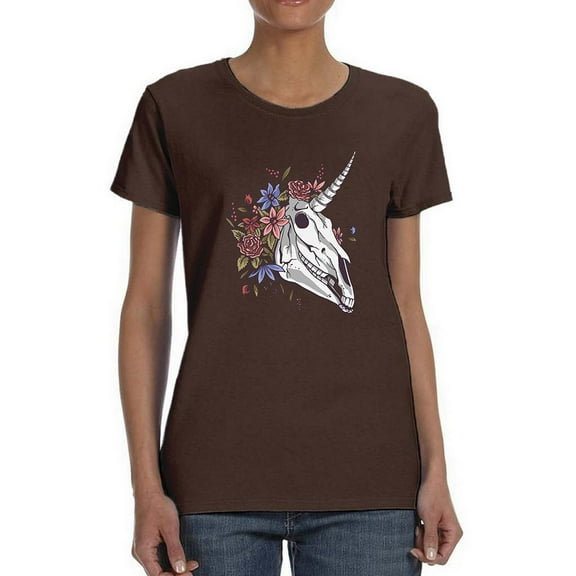 Unicorn Skull W Flowers T-Shirt Women -Smartprints Designs, Female x-Large