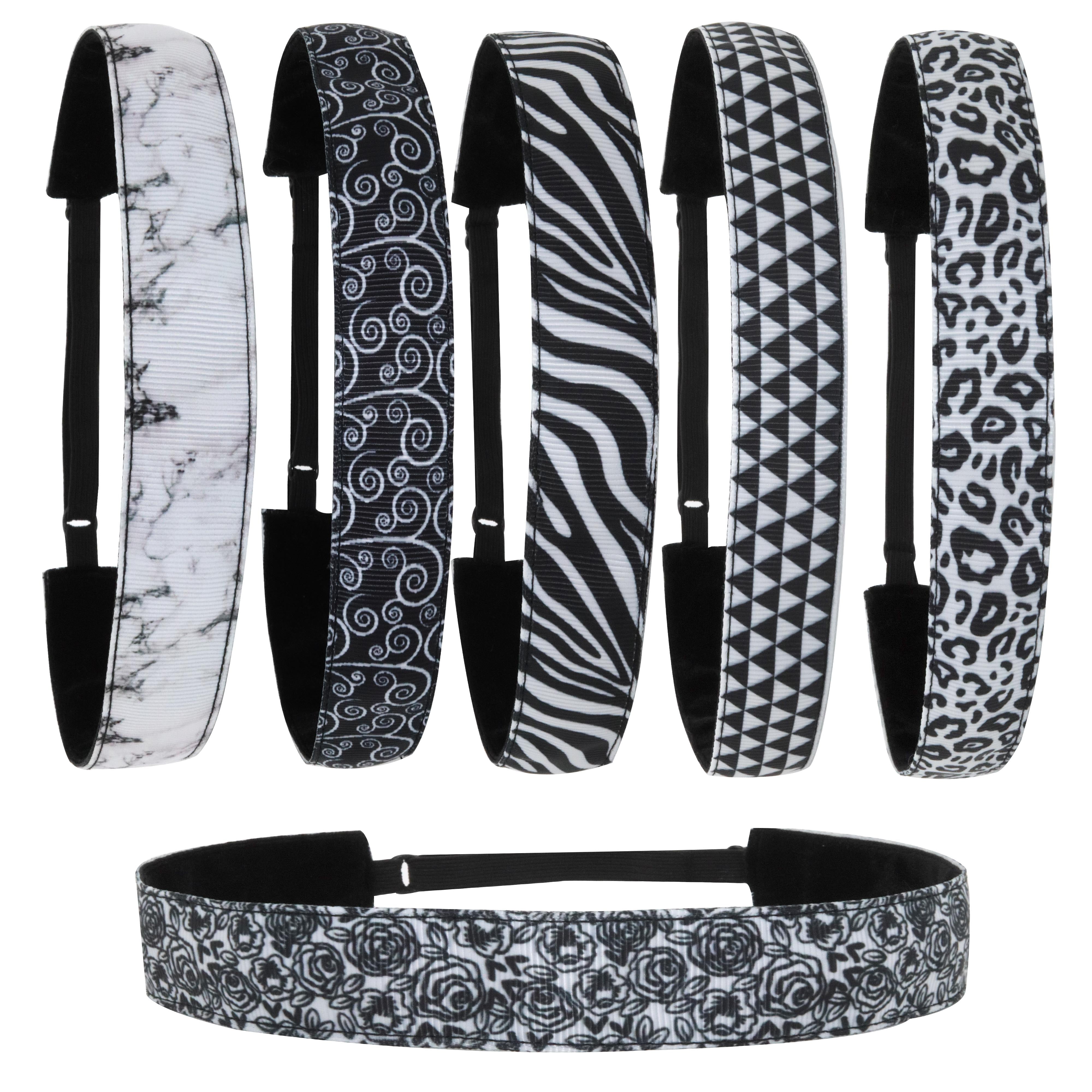6 Pcs Black & White Boho Non-Slip Headbands - Adjustable Hair Accessories