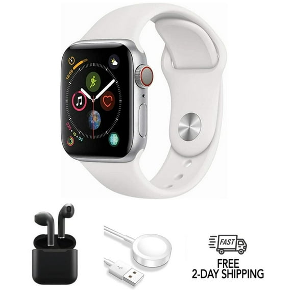 Refurbished Apple Watch Series 4 Aluminum 40mm (GPS Only, No Cellular) Silver w/ Wireless Earbuds