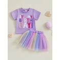 thumbnail image 2 of Toddler Girl Birthday Outfit Letter Embroidery Short Sleeve Crew Neck Tops with Colorful Tulle Skirt 2 Pcs Set, 2 of 5