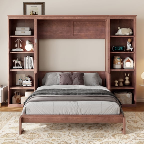 Euroco Wood Full Size Murphy Bed with Desk and Shelves, Space-Saving Wall Bed for Bedroom, Dark Brown