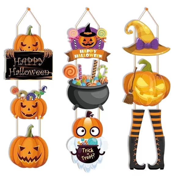 3 Pcs set Halloween Hanging Signs, Cartoon Pumpkin Ghost Witch Ornaments with Orange Ropes, Indoor Outdoor Door Window Decor for Halloween Party Classroom