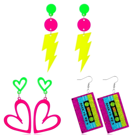 sixwipe Women's 80s Neon Earrings, 3 Styles Exaggerated Retro Costume Accessories, 3 Pairs