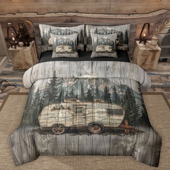 Manfei Camping Car Twin Bedding Sets 7-Piece for Kids Children Teens,Jungle Adventure Theme Bedding Comforter Set Microfiber,Rustic Cabin Breathable Sheet Sets,Breathable Home Decor,Reversible