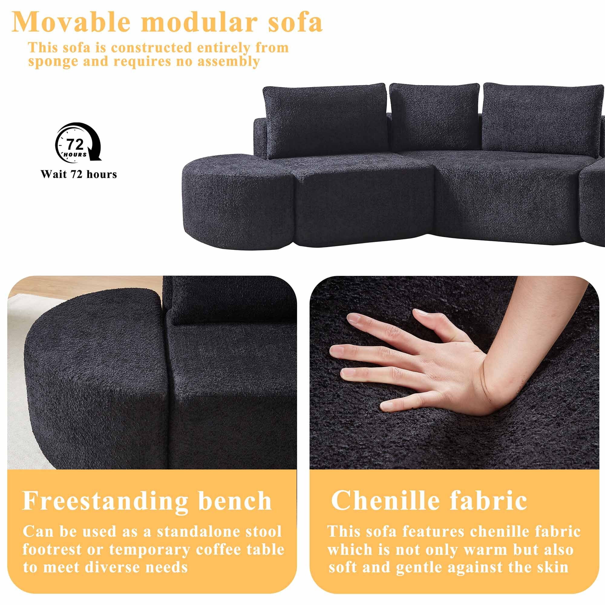 Lunale 106" Oversized Modular Sectional Sofa with 2 Curved Movable Ottomans,Boneless Cloud Couch for Living Room, Black (Left Chaise)