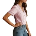 thumbnail image 3 of 2026 New Womens Casual V Neck Short Sleeve Button Down Shirts Business Casual Work Boho Tops Blouses(Light Pink,XXXL), 3 of 6