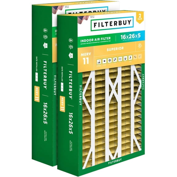 Filterbuy 16x26x5 Air Filter MERV 11 Allergy Defense, Pleated HVAC AC Furnace Filter Replacement for Electro-Air & White Rodgers, 2-Pack